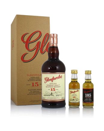 Glenfarclas 15 jaar oud with 21 & 25 y/o miniatures